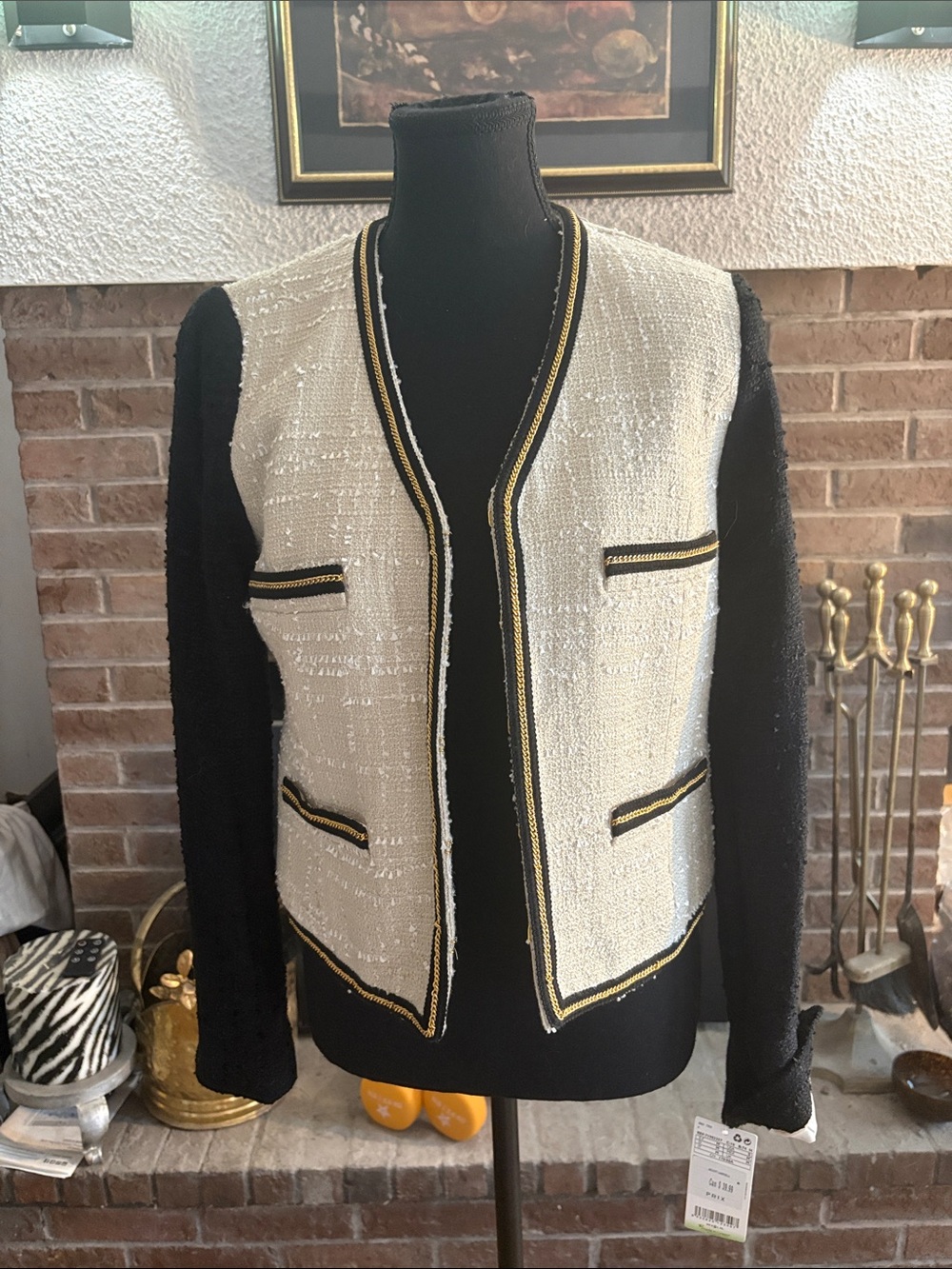 Mango Cream Front Bouclé Jacket with Black Sleeves & Gold Trim